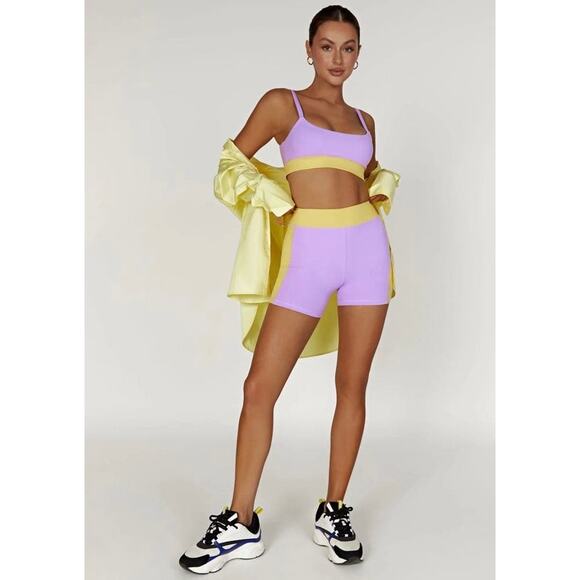 MESHKI Becca Two Tone Lilac & Yellow Workout Set Sports Bra & Biker Shorts EUC - Picture 8 of 16